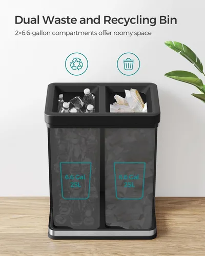 Miniatura 4 de SONGMICS 2 x 6.6 Galones Bote de Basura de Tapa Abierta, Papelera de Basura de Doble Compartimento para Residuos y Reciclaje, Acero Inoxidable