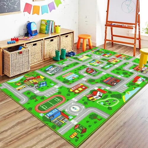 Miniatura 20 de Capslpad Alfombra Azul de Coche y Carretera para Niños, Alfombra de Juego para Sala de Juegos, Alfombra Antideslizante Lavable con Mapa de la Ciudad