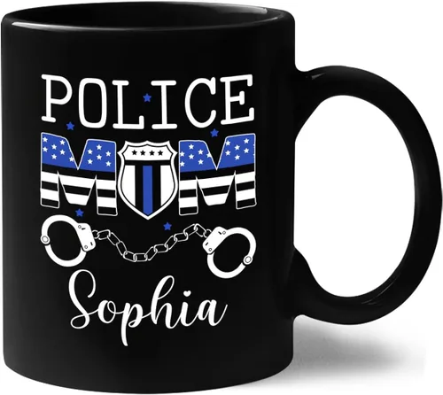 Miniatura 16 de Taza de café personalizada con nombre de la policía con nombre de la policía, con línea azul fina, 11 onzas y 15 onzas Taza negra de la bandera