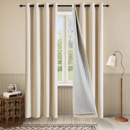 Cortina Blackout 3 en 1 100% beige, cortinas pesadas insonorizadas de un solo panel, cortinas con ojales con aislamiento térmico de 96 pulgadas de