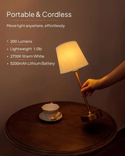 Miniatura 4 de EppieBasic Lámpara de mesa inalámbrica recargable: carga rápida y larga duración, luz cálida de 2700 K, pequeñas lámparas doradas vintage, comedor