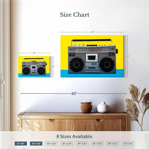 Miniatura 4 de ElephantStock - Retro Silver Boombox Wall Art - Horizontal Canvas Wall Art - Living Room Wall Decor - Photography Music Canvas Art - Yellow And
