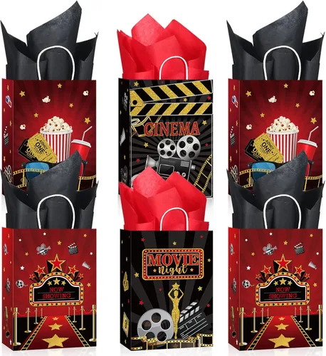 Funrous 24 bolsas de fiesta nocturna de película con papel de seda, bolsas de recuerdo de película con asas, regalo de regalo para niños,