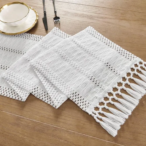 Miniatura 7 de ZeeMart Camino de mesa bohemio estilo macramé, caminos de mesa blancos de 108 pulgadas de largo, decoración del hogar tejido de granja, 12 x 108
