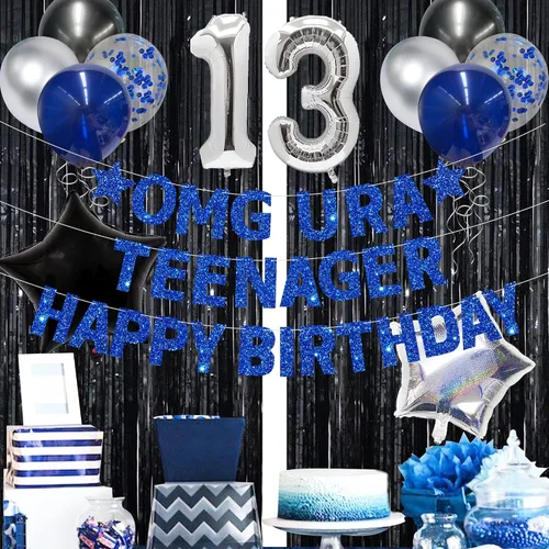 Miniatura 4 de Blue Omg Ur A Teenager - Cartel de feliz cumpleaños con flecos de papel de aluminio negro, telón de fondo plateado 13 para niños, decoración