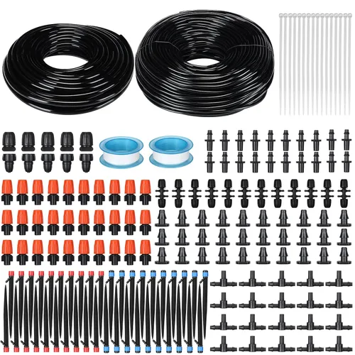 Yaomiao Kit de sistema de riego por goteo de 394 pies, manguera de 1/2 pulgada, tubo de distribución de 1/4 pulgadas, emisores de goteo, boquilla de