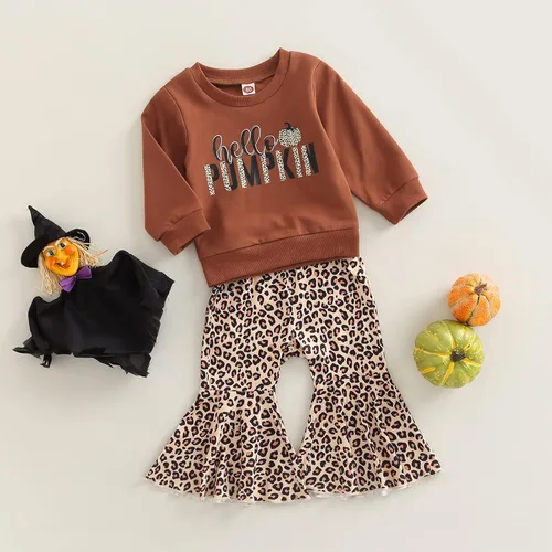 Miniatura 2 de Madjtlqy Conjunto de ropa de Halloween para bebé niña con estampado de calabaza con estampado de calabaza, camiseta de manga larga + pantalones