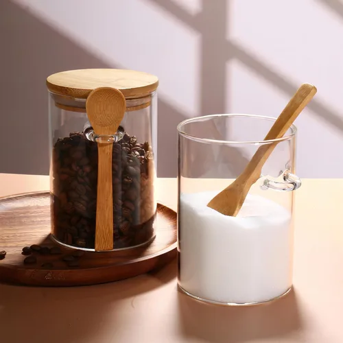 Miniatura 4 de MOLFUJ Recipiente de almacenamiento de vidrio transparente de 15 onzas con tapa hermética, pequeño recipiente decorativo con cuchara de madera