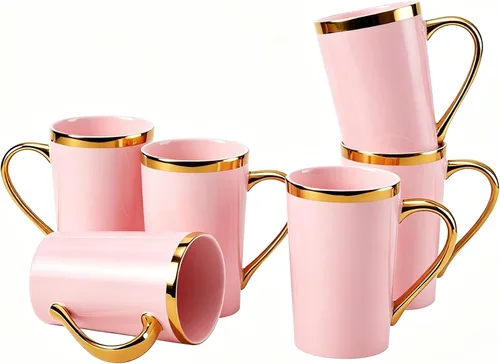 Miniatura 8 de Juego de 6 tazas de café de oro negro de 12 onzas, tazas de cerámica de porcelana con mango y borde dorados, apto para lavavajillas, regalo elegante