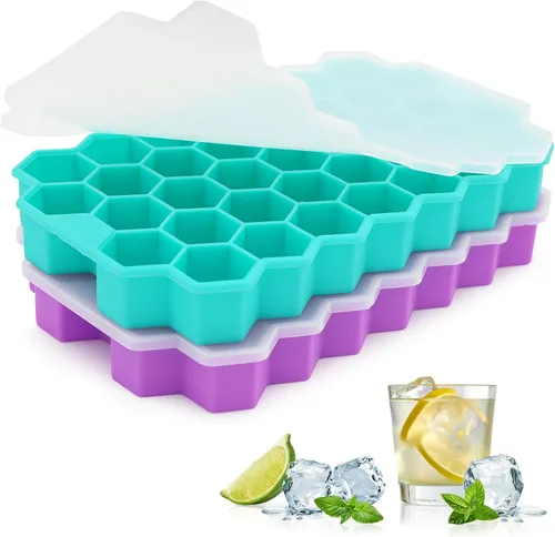 Miniatura 10 de Azyh Bandejas para cubitos de hielo con tapa, paquete de 2 bandejas de silicona para cubitos de hielo con tapa de 37 cuadrículas, fácil liberación