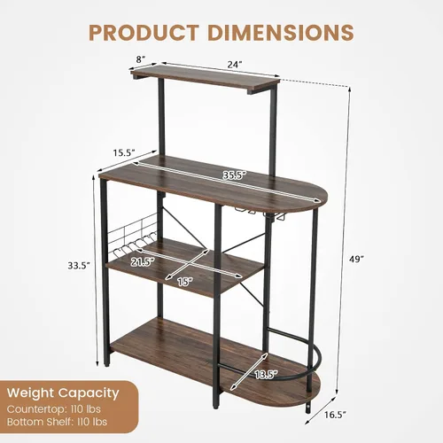 Miniatura 3 de Giantex Estante de cocina para panaderos, soporte para microondas de 4 niveles con 6 ganchos y estantes para copas, estante superior desmontable