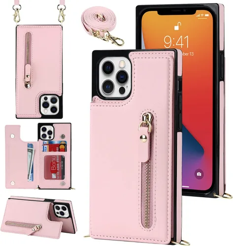 Funda cruzada para teléfono iPhone 12 / iPhone 12 Pro de cuero con tarjetero, funda protectora extraíble y ajustable con botón compatible con iPhone