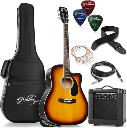 Miniatura 9 de Ashthorpe Paquete de guitarra eléctrica acústica Dreadnought Cutaway de tamaño completo con amplificador de 10 W, color negro
