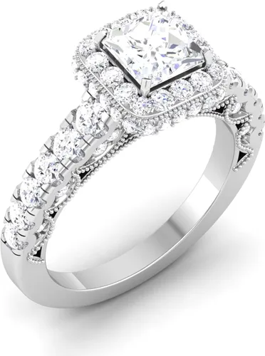 CUSTOMIZE JEWELS IGI Certified 0.50-3.0 Carat Princess Excellent Cut Lab Created Diamond Modern Halo Engagement Ring With Milgrain In 14k White Gold