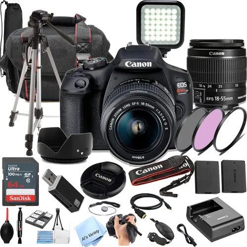 Canon EOS Rebel T7 - Kit de cámara DSLR con lente EF18-2.165 in + memoria de 64 Gb, luz de video LED, funda, trípode, filtros, agarre y más (paquete
