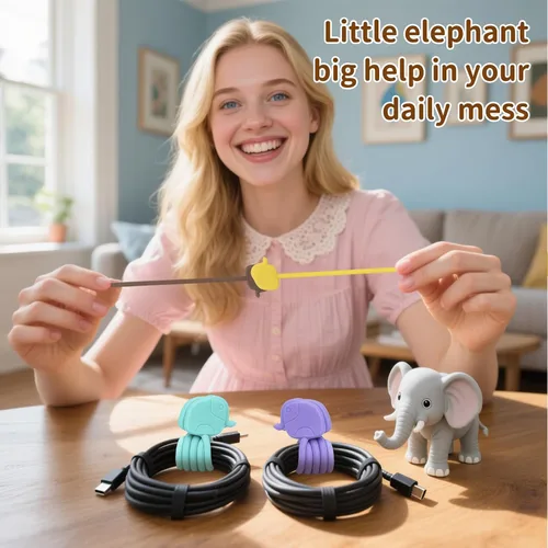 Miniatura 5 de Encantadoras bridas magnéticas de elefante – Paquete de 24, organizadores de cable de silicona reutilizables para el hogar y la oficina, sujeción