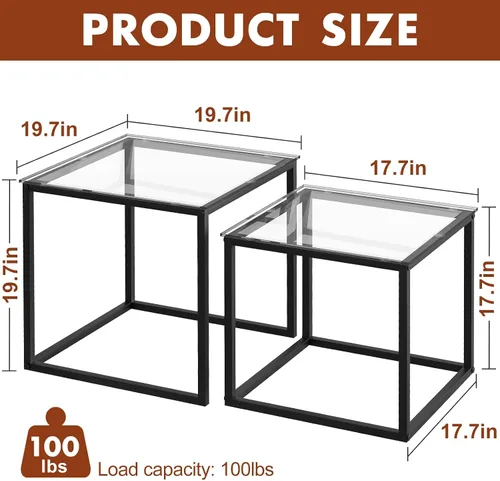 Miniatura 2 de Garden 4 you Juego de 2 mesas auxiliares modernas, mesa anidable de cristal, juego de mesa central cuadrada con marco de metal, mesas auxiliares