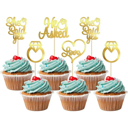 Miniatura 14 de Gyufise Paquete de 24 adornos para cupcakes con purpurina negra con la frase "He Asked She Said Yes" para cupcakes, anillos de corazón con purpurina