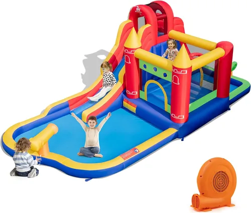 Miniatura 12 de BOUNTECH Tobogán acuático inflable, tobogán acuático para niños, casa de rebote en húmedo y seco, combo para diversión al aire libre con soplador
