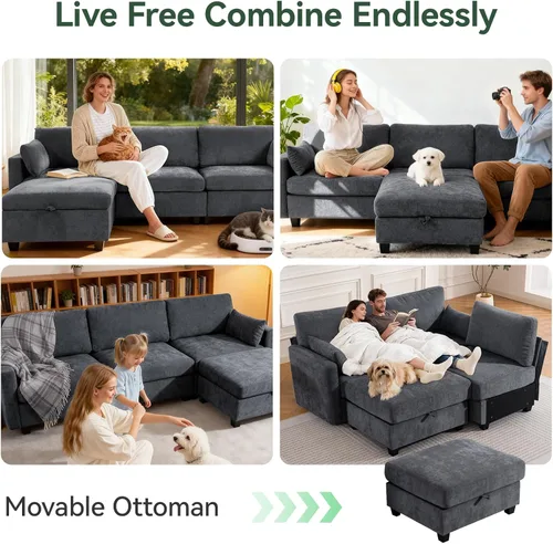 Miniatura 4 de Sofá modular de 109 pulgadas, sofá en forma de L con otomana de almacenamiento, cómodo sofá nube con asiento profundo, sofás seccionales Gris