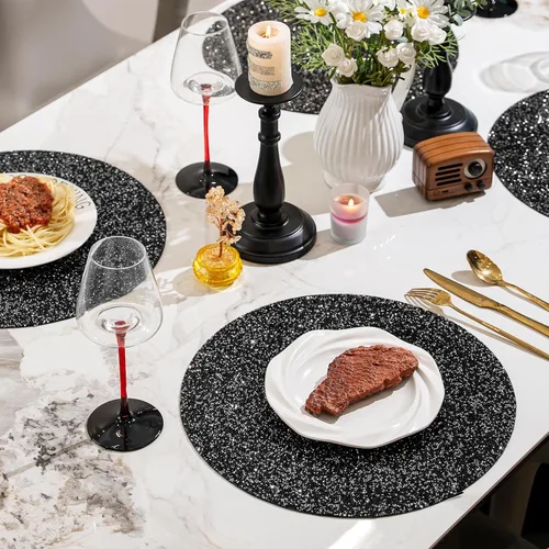 Miniatura 6 de Mantel individual negro de pedrería con diamantes triturados brillantes redondos lavables con purpurina para otoño, Halloween, boda, Navidad