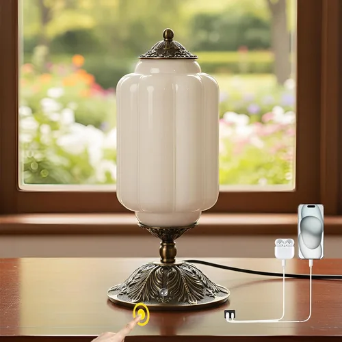 Miniatura 11 de Lámpara de mesa vintage de vidrio de leche con control táctil, elegante lámpara de noche de vidrio blanco regulable de 3 vías con puertos de carga
