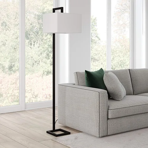 Miniatura 2 de Henn&Hart 68" Traditional 1-Light Floor Lamp with White Fabric Rectangle Shade for Living Room, Bedroom, or Office, Black