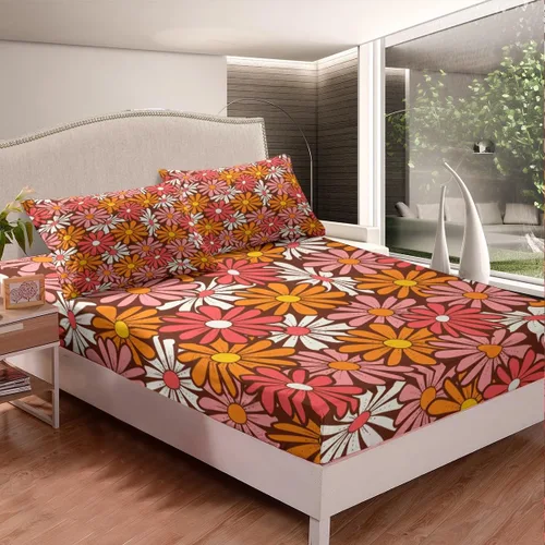 Miniatura 4 de Juego de sábanas para niñas, tamaño individual, diseño floral bohemio de los años 60 y 70 años, diseño hippie kawaii, decoración de habitación