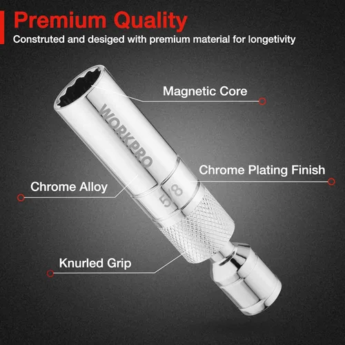 Miniatura 4 de WORKPRO Enchufe magnético para bujías de 5/8 pulgadas con diseño magnético, enchufe giratorio de pared delgada para bujías, unidad de 3/8 pulgadas x