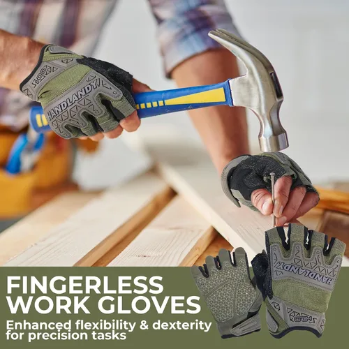 Miniatura 5 de HANDLANDY Guantes tácticos de impacto sin dedos para hombre, guantes de trabajo con agarre acolchado de medio dedo, guantes de conductor de Verde