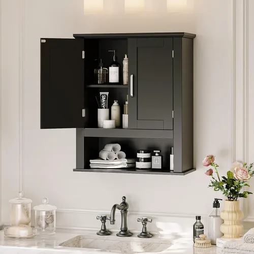 Miniatura 2 de VINGLI Armario de pared de baño, botiquín negro con estante abierto y 2 puertas, organizador de almacenamiento ajustable para colgar sobre