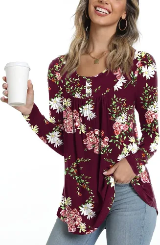 POPYOUNG Casual Long Sleeve Tunic Tops Loose Fit Pleated Fall T-shirt Blouses for Women
