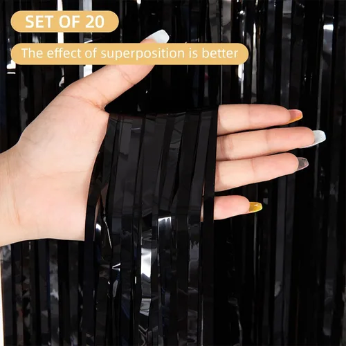 Miniatura 2 de Paquete de 20 cortinas de flecos de aluminio negro de 3.2 x 9.8 pies, cortinas de papel de aluminio negro, cortinas de oropel metálico, cortinas