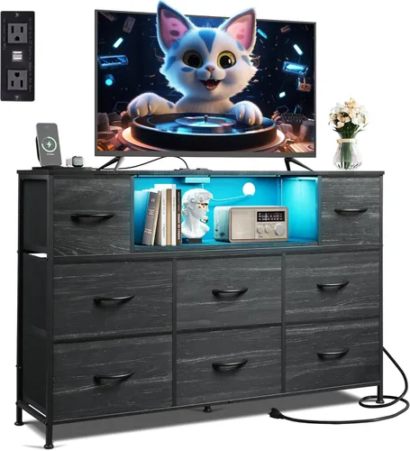 Miniatura 12 de WLIVE - Soporte de TV con cómoda en negro para TV de 45, 50, 55 pulgadas, centro de entretenimiento con luces LED y estación de carga, cómoda con 8