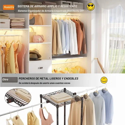 Miniatura 6 de Armocity Sistema de Armario de 96 Pulgadas, Organizador de Vestidor de 8 Pies con 3 Torres de Estantería, Perchero de Ropa Resistente con 3 Cajones