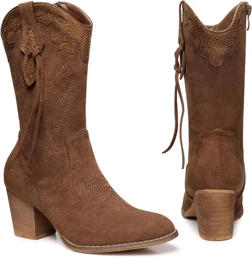 Miniatura 5 de SHIBEVER Botas vaqueras vaqueras para mujer botas de tacón alto Western Country Botas de gamuza con cremallera a media pantorrilla