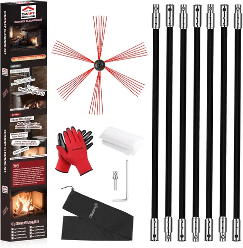 Miniatura 10 de Kit de limpieza de chimeneas de 16 pies, kit de limpieza de chimenea con 5 varillas de chimenea flexibles de nailon negro, sistema de limpieza