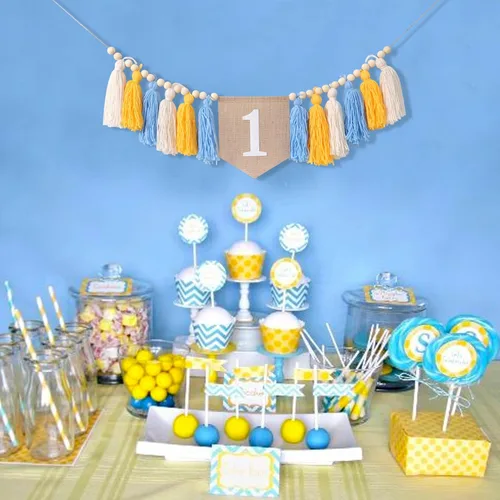 Miniatura 4 de Cartel de primer cumpleaños, tema de borla rosa para niña, decoración de fiesta de primer cumpleaños, telón de fondo de fotos, para colgar en la Azul