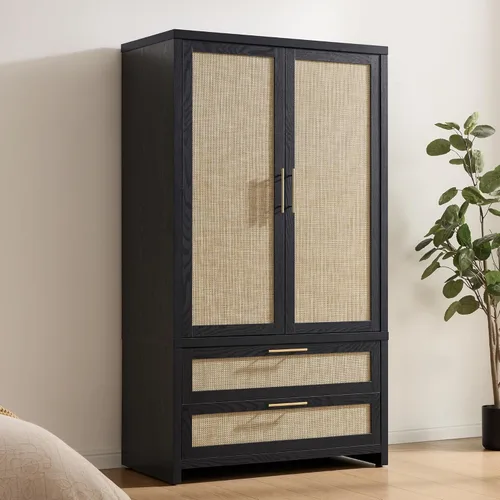 SICOTAS Armario Ropero Gabinete de Ratán, Gabinete de Almacenamiento de 71" con Puertas, 2 Cajones y Barra Colgante, Organizador de Ropa Boho Roble