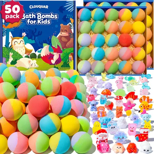 Paquete de 50 bombas de baño para niños con sorpresa en el interior, algunos juguetes que brillan en la oscuridad, bolas de baño naturales hechas a