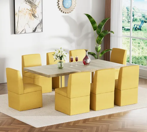 Miniatura 19 de Juego de mesa de comedor extensible para mesa de cocina extensible de 4, 5 piezas y 4 sillas de almacenamiento ocultas de lino tapizadas de madera