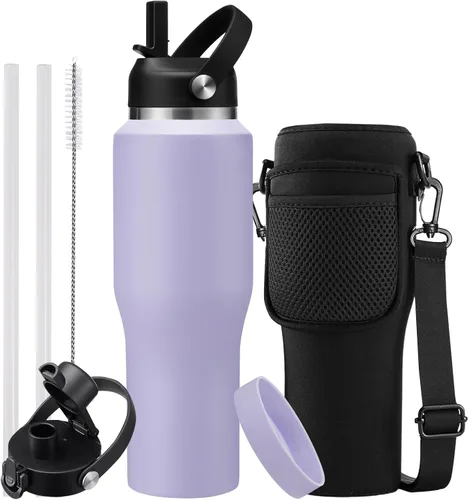 Miniatura 33 de Botella de agua de acero inoxidable de 32 onzas, frío-48 horas y caliente-24 horas, termo con popote y tapas de boquilla, bolsa, botella aislada al