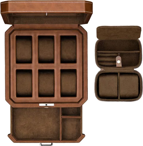Juego de regalo Caja de reloj de cuero con 6 ranuras con cajón de valet, organizador de exhibición de lujo para reloj, forro de microgamuza, caja de