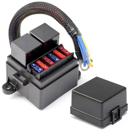 Caja de relé de fusibles precableada con 2 ranuras de relé y 6 portafusibles ATC/ATO, 2 relés de 4 pines 80 A y 6 fusibles ATC ATO, bloque de