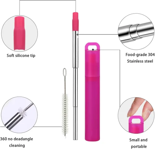 Miniatura 2 de Paquete de 12 pajitas reutilizables de metal plegables, pajitas retráctiles portátiles de viaje con funda, puntas de silicona y cepillo de limpieza
