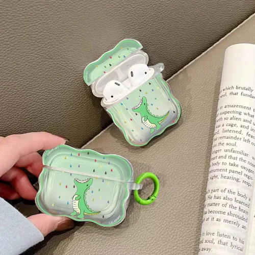 Miniatura 2 de Funda compatible con Airpods de dinosaurio, bonita funda con llavero para mujeres y niñas, funda protectora de dibujos animados Kawaii de silicona