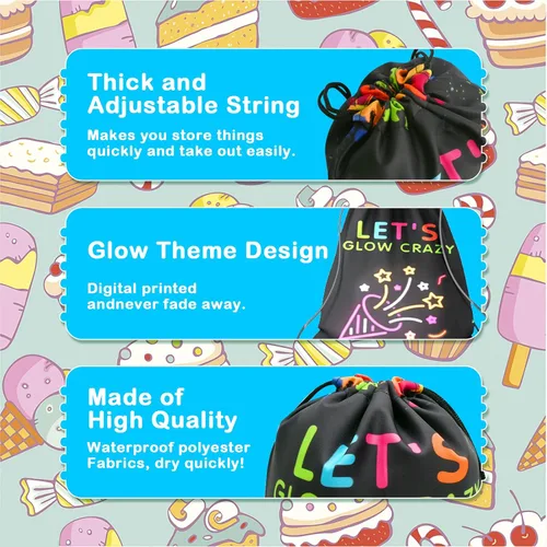 Miniatura 3 de Paquete de 12 bolsas con cordón para fiestas brillantes para cumpleaños de niños, niñas, mochila con cordón de neón brillante como bolsas de botín