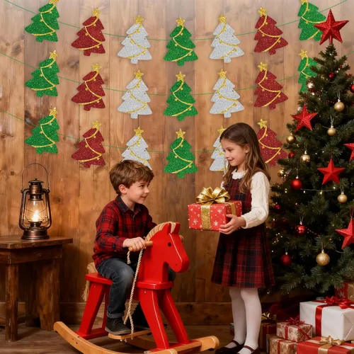 Miniatura 5 de Juego de 3 decoraciones de Navidad preencordadas, guirnalda de pancarta para árbol de Navidad con purpurina para fiesta de invierno, decoración