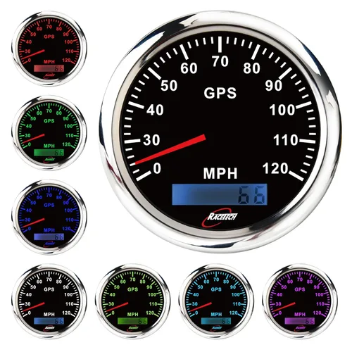 Miniatura 9 de RACETECH 85mm (3-3/8") 120 MPH Velocímetro GPS eléctrico - Esfera negra con LED de 7 colores, impermeable, aro de acero inoxidable, 12V/24V