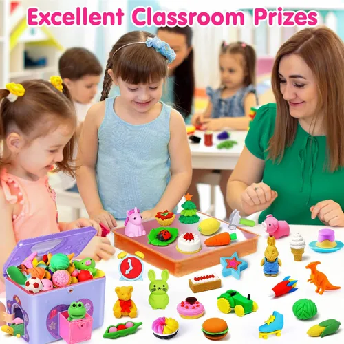 Miniatura 3 de Arscniek Paquete de 110 Borradores de Animales para Niños, Mini Borradores de Lápiz Desmontables, Mascotas de Escritorio y Juguetes de Caja
